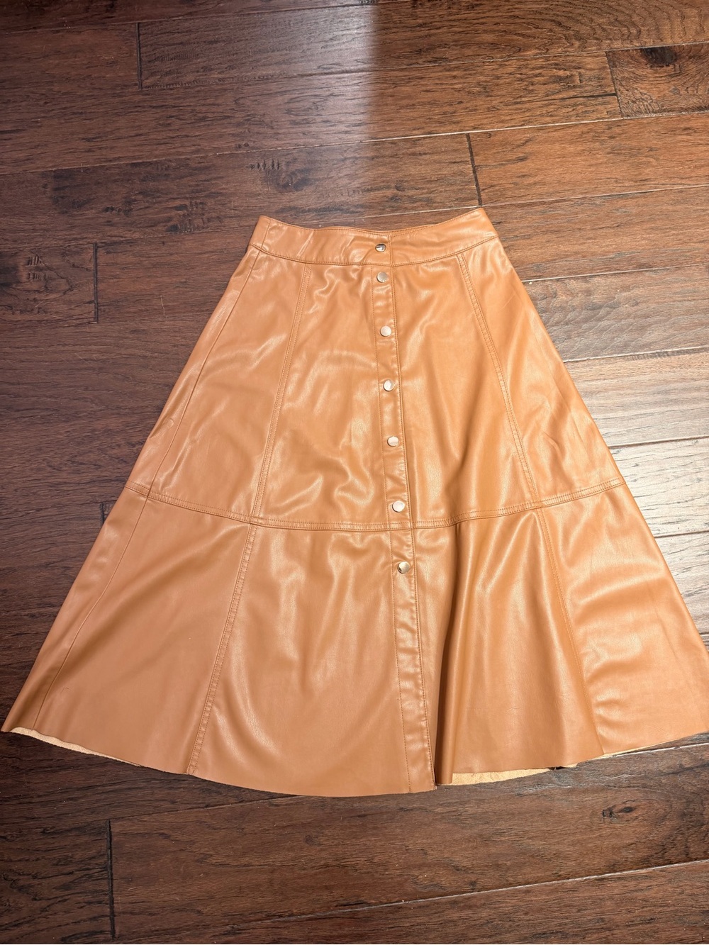 Zara Camel Faux Leather A-Line Midi Skirt with Front Buttons